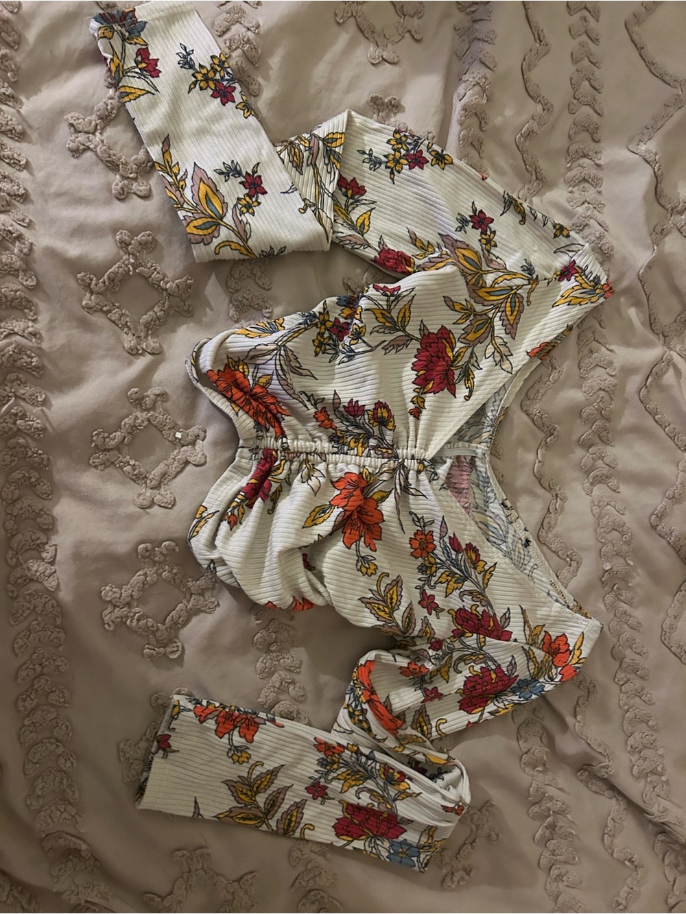 Floral Ribbed Crop Top in Cream with Red & Orange Blooms